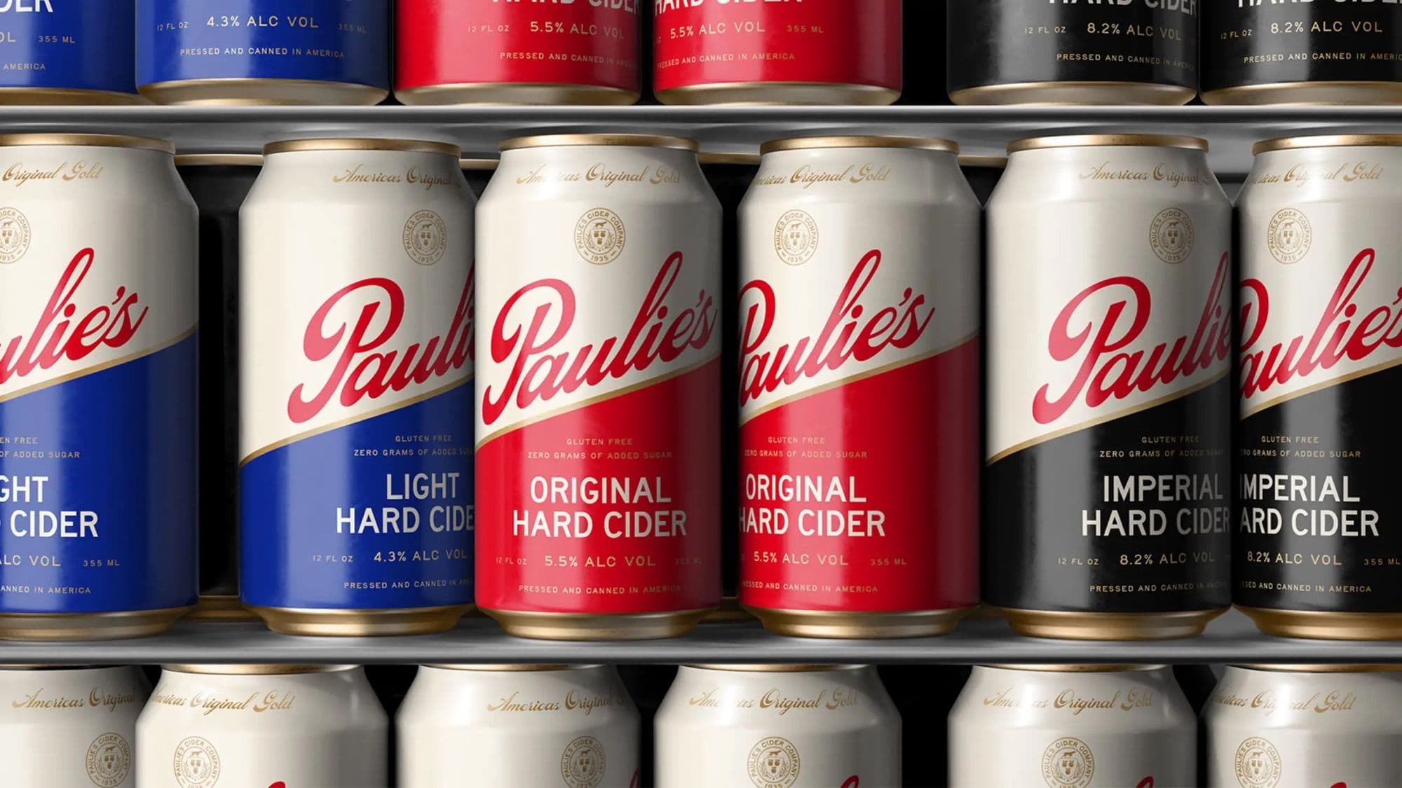 Paulie’s hard cider cans on a shelf